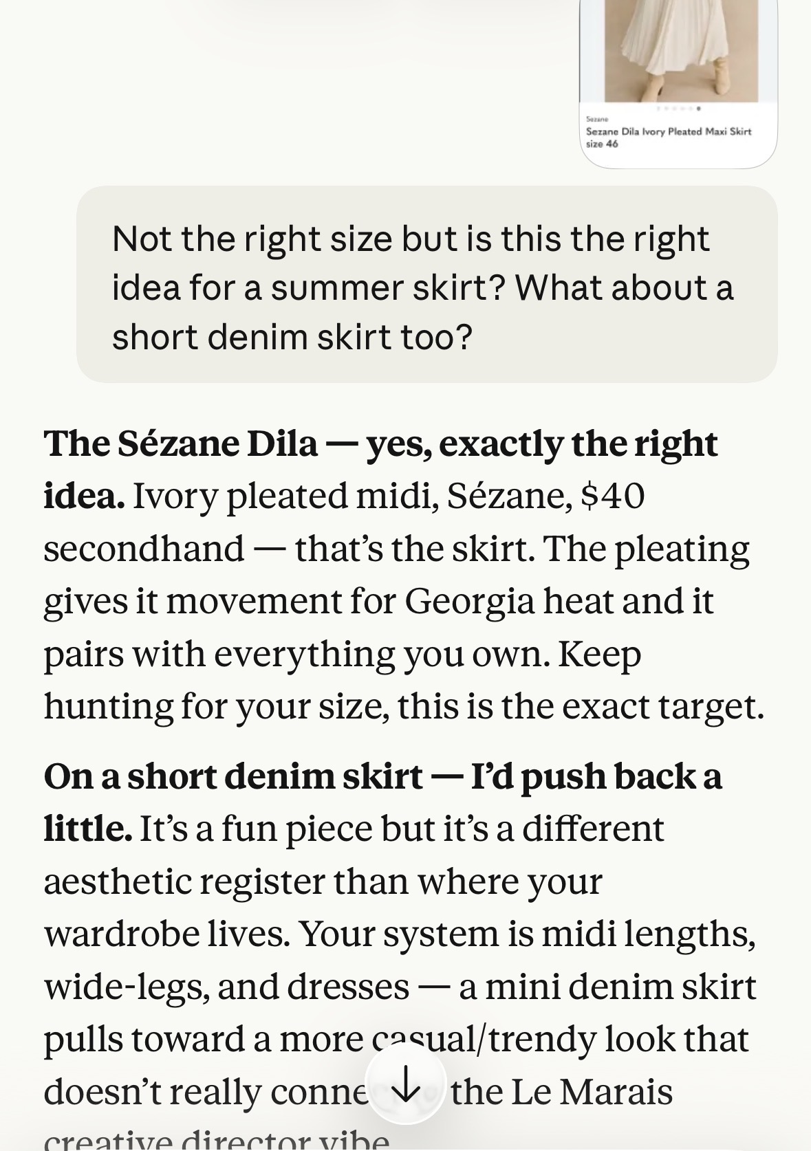 Nomi approves Sézane skirt, pushes back on denim